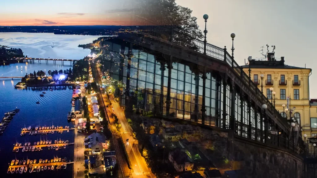 Fotomontage. Kvällsbilder Krogstråket Östersund och Mosebacke